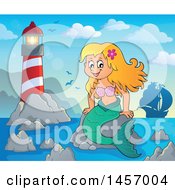 Poster, Art Print Of Cartoon Blond Mermaid Sitting On A Rock Near A Lighthouse With A Ship In The Distance