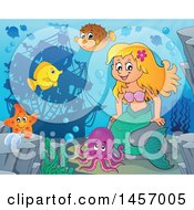 Poster, Art Print Of Cartoon Blond Mermaid And Sea Creatures Near A Sunken Ship