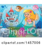 Poster, Art Print Of Cartoon Blond Mermaid Near A Castle