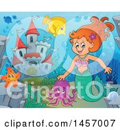 Clipart Of A Cartoon Red Haired Mermaid Near A Castle Royalty Free Vector Illustration