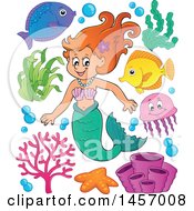 Poster, Art Print Of Cartoon Red Haired Mermaid With Sea Creatures