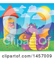 Poster, Art Print Of Cartoon Purple Dragon Waving And Sitting By Rapunzel In A Tower