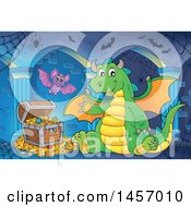 Poster, Art Print Of Cartoon Green Dragon Waving And Sitting By Treasure In A Cave