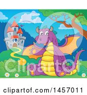 Poster, Art Print Of Cartoon Purple Dragon Waving And Sitting Near A Castle