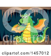 Poster, Art Print Of Cartoon Green Dragon Waving And Sitting In A Cave