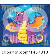 Poster, Art Print Of Cartoon Purple Dragon Waving And Sitting In A Cave