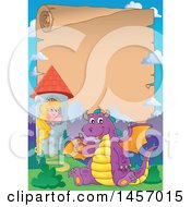Clipart Of A Parchment Scroll Border Of A Purple Dragon Waving And Sitting By Rapunzel In A Tower Royalty Free Vector Illustration