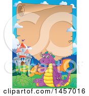 Poster, Art Print Of Parchment Scroll Border Of A Purple Dragon Waving And Sitting By A Castle