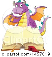Poster, Art Print Of Cartoon Purple Dragon Waving Over A Book