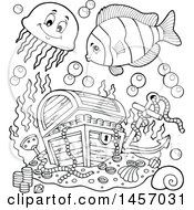 Poster, Art Print Of Black And White Sunken Treasure Chest And Fish