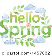 Poster, Art Print Of Hello Spring Design With Pink Flowers Leaves And Clouds