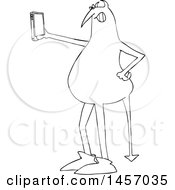 Clipart Of A Cartoon Black And White Devil Taking A Selfie With A Cell Phone Royalty Free Vector Illustration