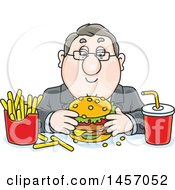 Poster, Art Print Of Cartoon White Business Man Eating A Cheeseburger Fries And Soda For Lunch