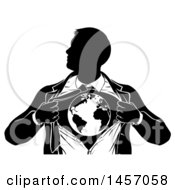 Clipart Of A Black And White Silhouetted Strong Business Man Super Hero Ripping Off His Suit And Revealing Earth Royalty Free Vector Illustration