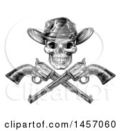 Clipart Of A Black And White Engraved Or Woodcut Styled Cowboy Skull And Crossed Pistols Royalty Free Vector Illustration