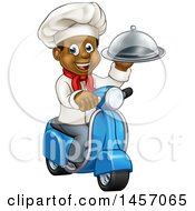 Cartoon Happy Black Male Chef Holding A Cloche Platter And Riding A Scooter