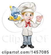 Cartoon Happy White Female Chef Gesturing Perfect And Holding A Fish And Chips Tray