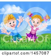 Poster, Art Print Of Cartoon Happy Excited Blond Caucasian Boy And Girl Jumping Outdoors
