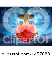 Poster, Art Print Of 3d Sacred Heart With Fire Thorns And A Cross Over Mountains