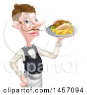 Cartoon Caucasian Male Waiter With A Curling Mustache Holding A Kebab Sandwich And Fries On A Tray