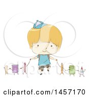 Clipart Of A Sketched Blond Caucasian School Boy Holding Hands With School Supply Characters Royalty Free Vector Illustration