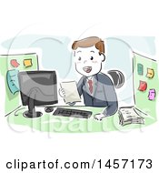 Poster, Art Print Of Sketched White Businessman Reading A Document At His Office Cubicle