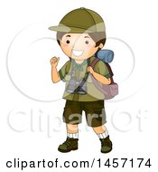 Happy Brunette Caucasian Scout Boy Gesturing Behind Him And Hiking With Camping Gear