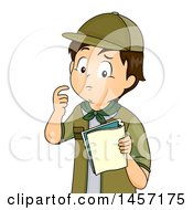 Poster, Art Print Of Confused Brunette Caucasian Scout Boy Looking At A Book