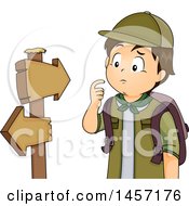 Poster, Art Print Of Lost Brunette Caucasian Scout Boy Looking At Hiking Arrow Signs