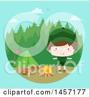Poster, Art Print Of Happy Brunette Caucasian Scout Boy By A Campfire Over Blue