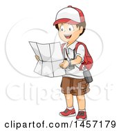 Poster, Art Print Of Brunette White Explorer Boy Reading A Map