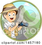 Brunette White Explorer Boy Holding Binoculars In A Circle Of Mountains