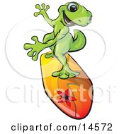 Sporty Green Gecko Riding A Colorful Yellow Orange And Red Surfboard With A Flower Decal On It Clipart Illustration