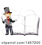 Poster, Art Print Of Happy Caucasian Boy Magician By A Giant Book With Blank Pages