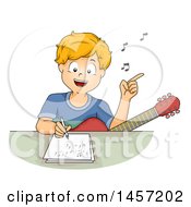 Poster, Art Print Of Happy Blond Caucasian Boy Singing With A Guitar In His Lap And Writing A Song