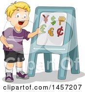 Poster, Art Print Of Happy Blond Caucasian School Boy Learning About Currencies