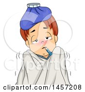 Poster, Art Print Of Sick Red Haired White Boy Shivering With An Ice Pack On His Head And Thermometer In His Mouth