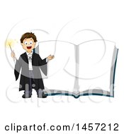 Poster, Art Print Of Caucasian Wizard Boy By A Giant Magic Book
