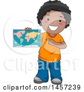 Clipart Of A Happy Black School Boy Holding And Pointing To A Map Royalty Free Vector Illustration by BNP Design Studio