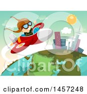 Poster, Art Print Of White Boy Pilot Flying A Plane Over A Globe