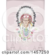 Native American Indian Chief Wearing A Feather Headdress Over A Village
