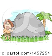 Poster, Art Print Of Caveman Teacher Holding A Pointer Stick In Front Of A Boulder