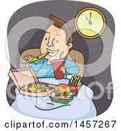 Poster, Art Print Of Cartoon Brunette White Man Eating Junk Food In Bed