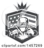 Poster, Art Print Of Retro Grayscale Welder Working In An American Flag Shield With A Crown