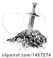 Clipart Of A Black And White Excalibur The Sword In The Stone Royalty Free Vector Illustration by AtStockIllustration