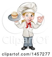 Poster, Art Print Of Cartoon Full Length Happy White Female Chef Holding A Cupcake On A Tray And Gesturing Perfect