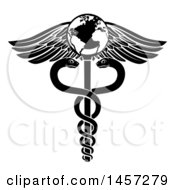 Clipart Of A Black And White Medical Caduceus With Snakes On A Winged Globe Rod Royalty Free Vector Illustration