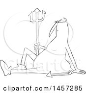 Clipart Of A Black And White Chubby Devil Sitting On The Ground With A Pitchfork Royalty Free Vector Illustration