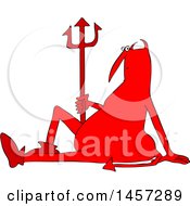Clipart Of A Chubby Red Devil Sitting On The Ground With A Pitchfork Royalty Free Vector Illustration