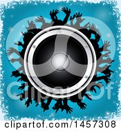 Poster, Art Print Of Round Music Speaker Encircled In Silhouetted Hands Over Blue With A Border Of White Grunge